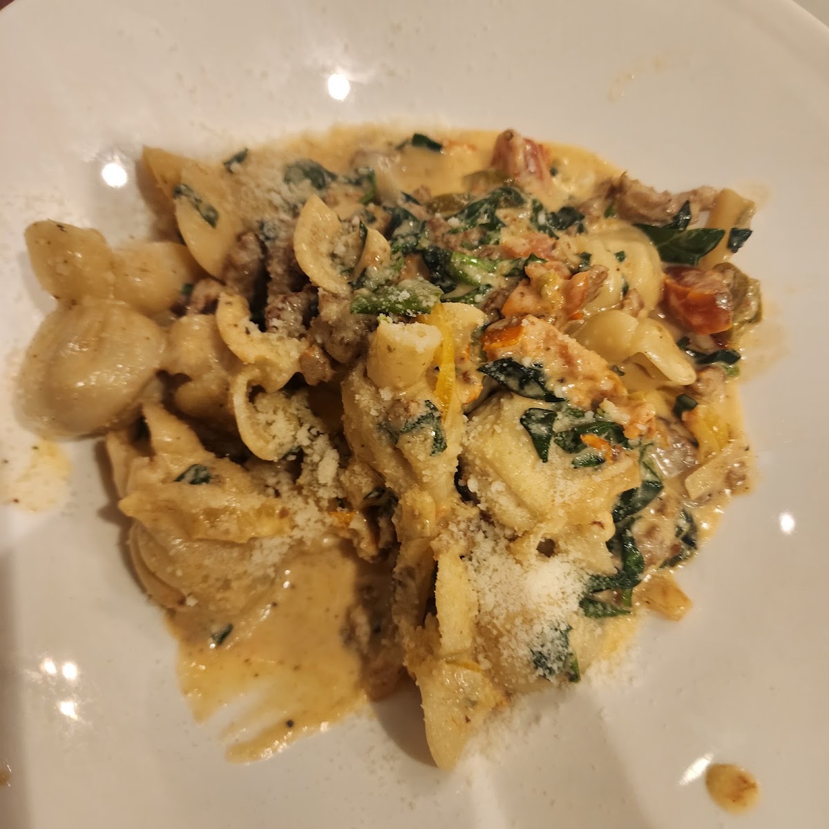 Pasta tossed with sausage, spinach and tomatoes in a cream sauce